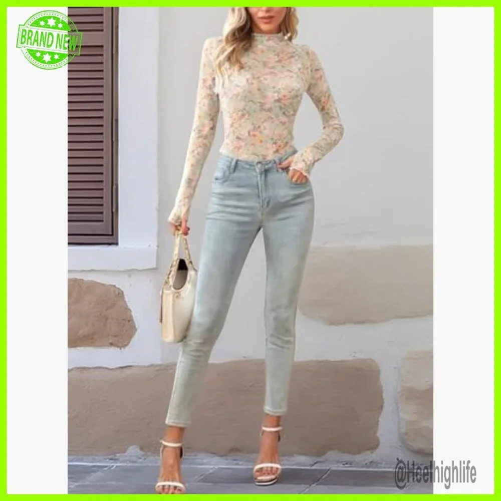 Floral Lace Mesh Long Sleeve Top, Slim Fit Sheer Mock Neck Shirt - Picture 6 of 6